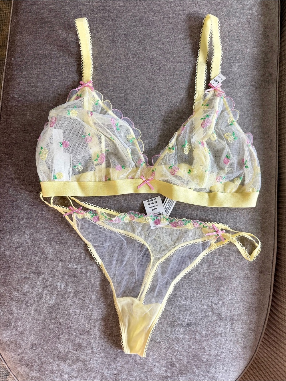 Victoria's Secret Yellow Sheer Floral Embroidered Bralette & Thong Set